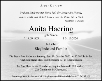 Traueranzeige von Anita Haering von Neue Westfälische