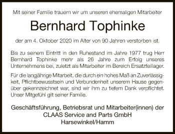 Traueranzeige von Bernhard Tophinke von Neue Westfälische