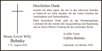 Traueranzeige von Bruno Erwin Willy Behnke von Neue Westfälische