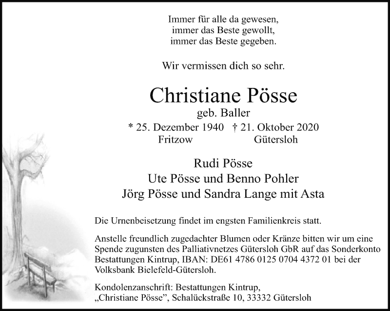 Traueranzeige für Christiane Pösse vom 28.10.2020 aus Neue Westfälische