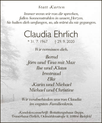 Traueranzeige von Claudia Ehrlich von Neue Westfälische