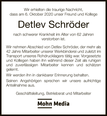 Traueranzeige von Detlev Schröder von Neue Westfälische