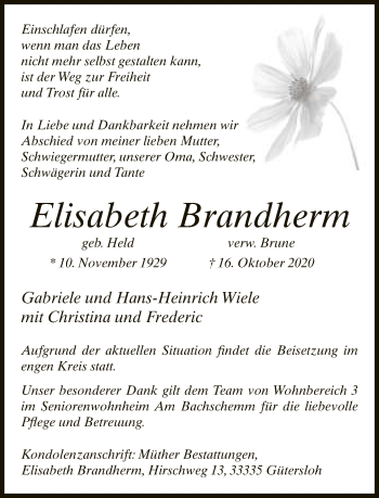 Traueranzeige von Elisabeth Brandherm von Neue Westfälische