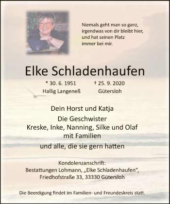 Traueranzeige von Elke Schladenhaufen von Neue Westfälische