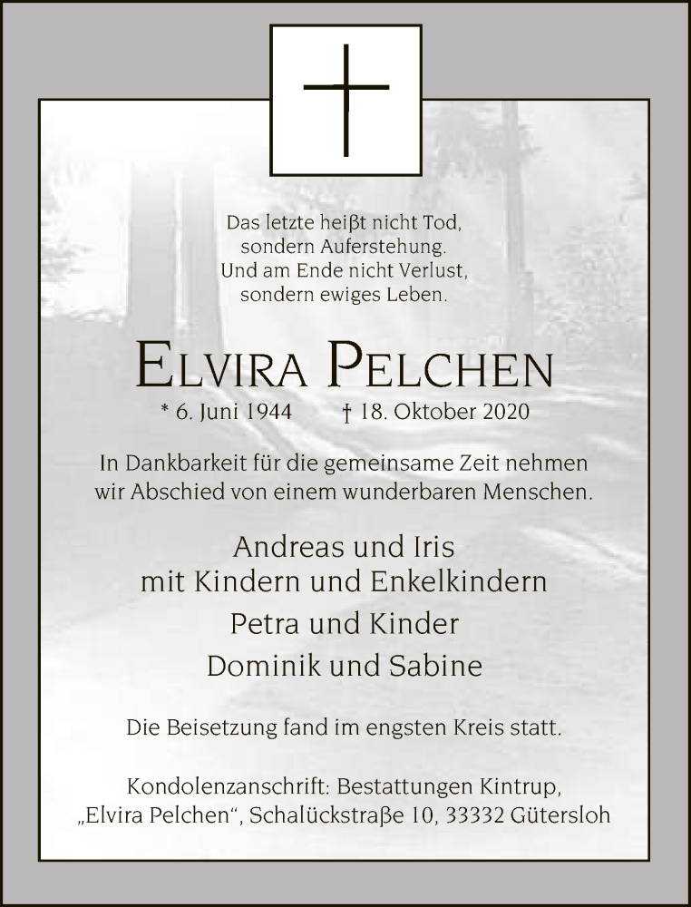  Traueranzeige für Elvira Pelchen vom 24.10.2020 aus Neue Westfälische