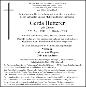 Traueranzeige von Gerda Hutterer von Neue Westfälische