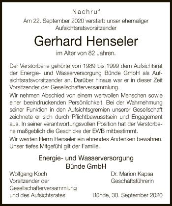 Traueranzeige von Gerhard Henseler von Neue Westfälische