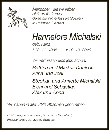 Traueranzeige von Hannelore Michalski von Neue Westfälische