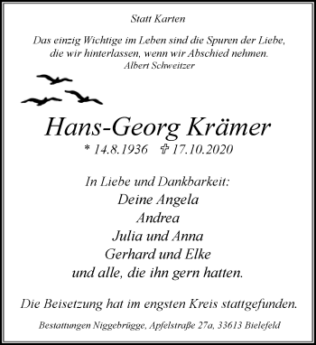 Traueranzeige von Hans-Georg Krämer von Neue Westfälische