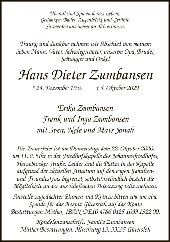 Traueranzeige von Hans Dieter Zumbansen von Neue Westfälische