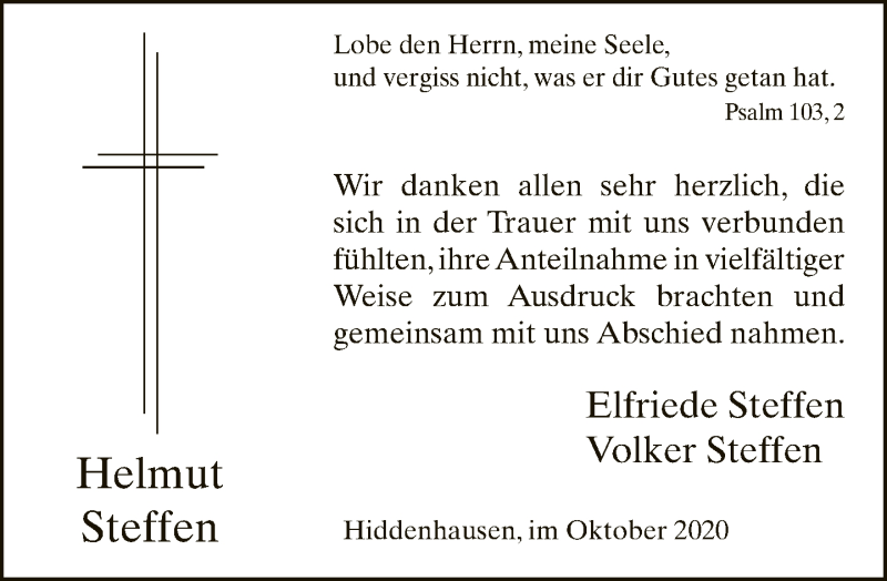  Traueranzeige für Helmut Steffen vom 17.10.2020 aus Neue Westfälische