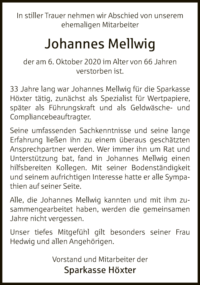  Traueranzeige für Johannes Mellwig vom 20.10.2020 aus Neue Westfälische