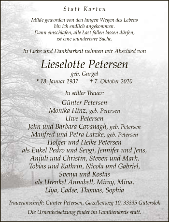Traueranzeige von Lieselotte Petersen von Neue Westfälische