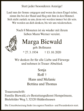 Traueranzeige von Marga Biewald von Neue Westfälische