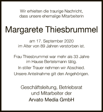 Traueranzeige von Margarete Thiesbrummel von Neue Westfälische