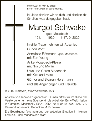 Traueranzeige von Margot Schwake von Neue Westfälische