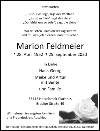 Traueranzeige von Marion Feldmeier von Neue Westfälische