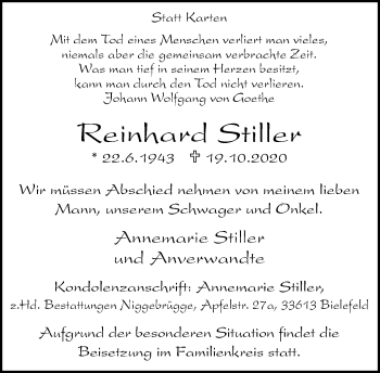 Traueranzeige von Reinhard Stiller von Neue Westfälische