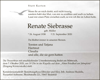 Traueranzeige von Renate Siebrasse von Neue Westfälische