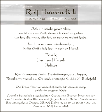 Traueranzeige von Rolf Huwendiek von Neue Westfälische