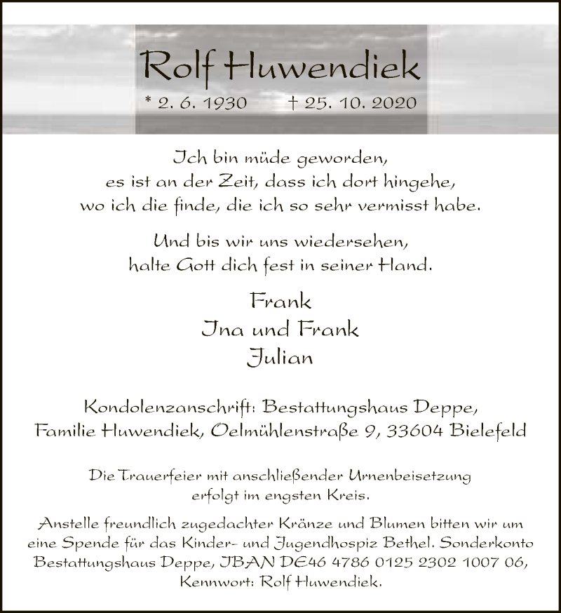  Traueranzeige für Rolf Huwendiek vom 31.10.2020 aus Neue Westfälische