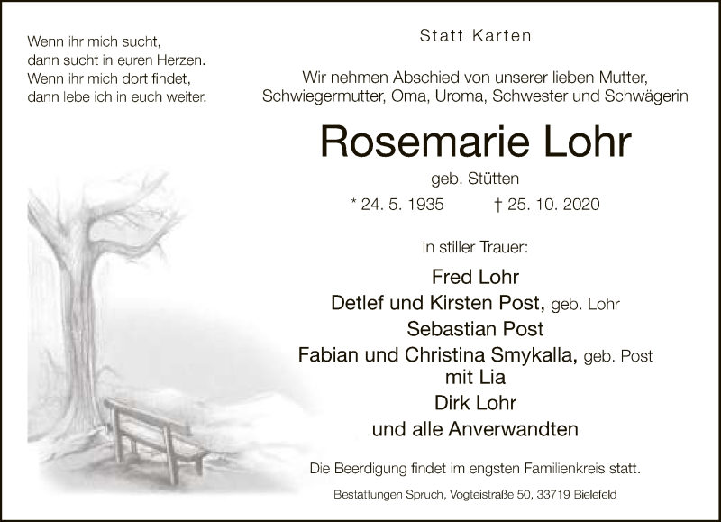  Traueranzeige für Rosemarie Lohr vom 31.10.2020 aus Neue Westfälische