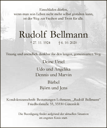 Traueranzeige von Rudolf Bellmann von Neue Westfälische