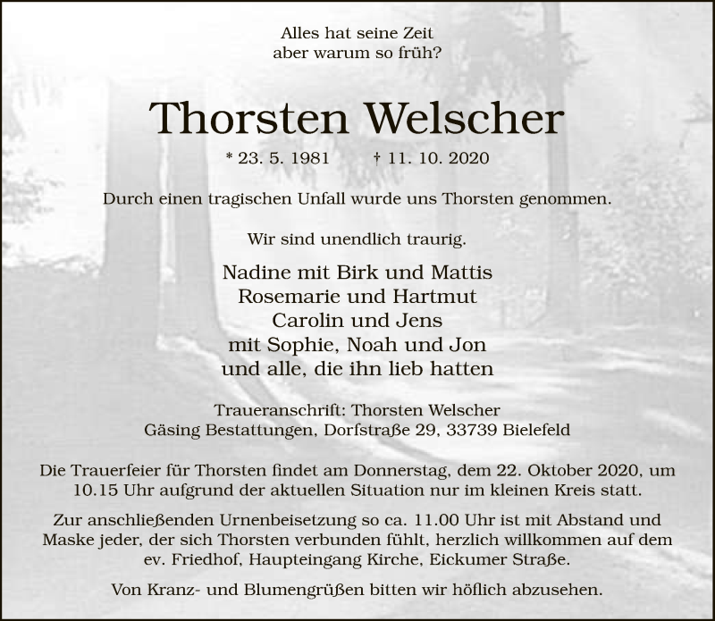  Traueranzeige für Thorsten Welscher vom 17.10.2020 aus Neue Westfälische