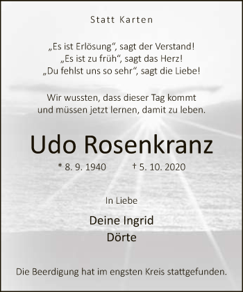 Traueranzeige von Udo Rosenkranz von Neue Westfälische