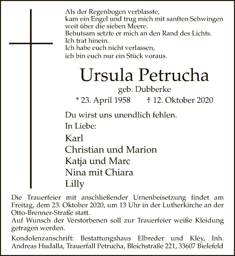 Traueranzeige für Ursula Petrucha vom 17.10.2020 aus Neue Westfälische