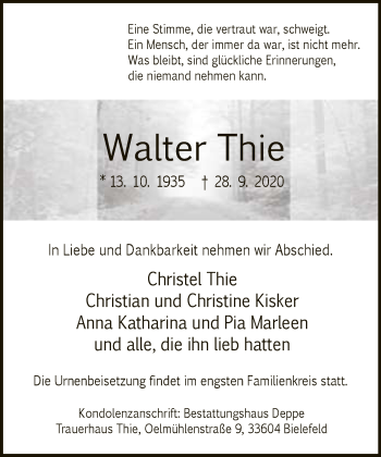 Traueranzeige von Walter Thie von Neue Westfälische