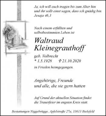 Traueranzeige von Waltraud Kleinegrauthoff von Neue Westfälische