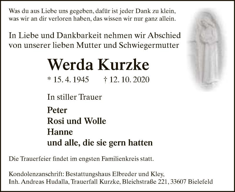  Traueranzeige für Werda Kurzke vom 24.10.2020 aus Neue Westfälische