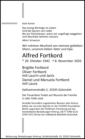 Traueranzeige von Alfred Fortkord von Neue Westfälische