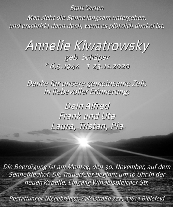 Traueranzeige von Annelie Kiwatrowsky von Neue Westfälische