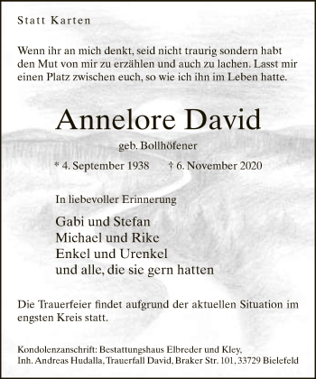 Traueranzeige von Annelore David von Neue Westfälische