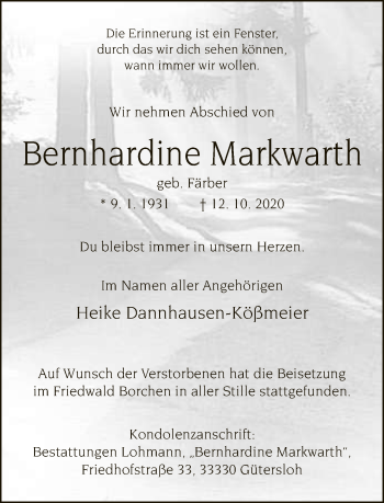 Traueranzeige von Bernhardine Markwarth von Neue Westfälische