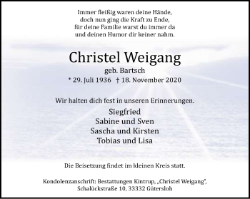 Traueranzeige von Christel Weigang von Neue Westfälische