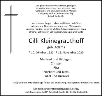 Traueranzeige von Cilli Kleinegrauthoff von Neue Westfälische