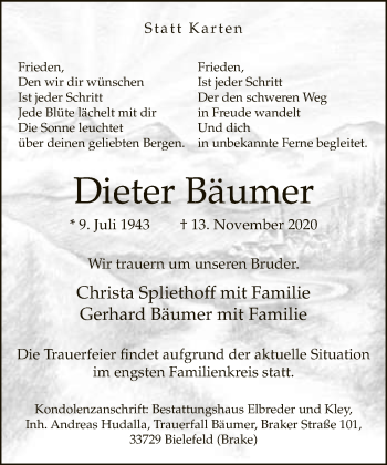 Traueranzeige von Dieter Bäumer von Neue Westfälische