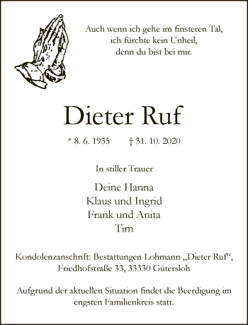 Traueranzeige von Dieter Ruf von Neue Westfälische
