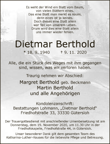 Traueranzeige von Dietmar Berthold von Neue Westfälische