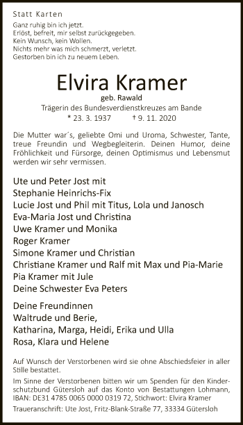 Traueranzeige von Elvira Kramer von Neue Westfälische