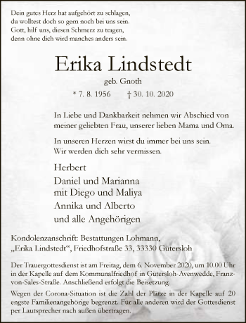 Traueranzeige von Erika Lindstedt von Neue Westfälische