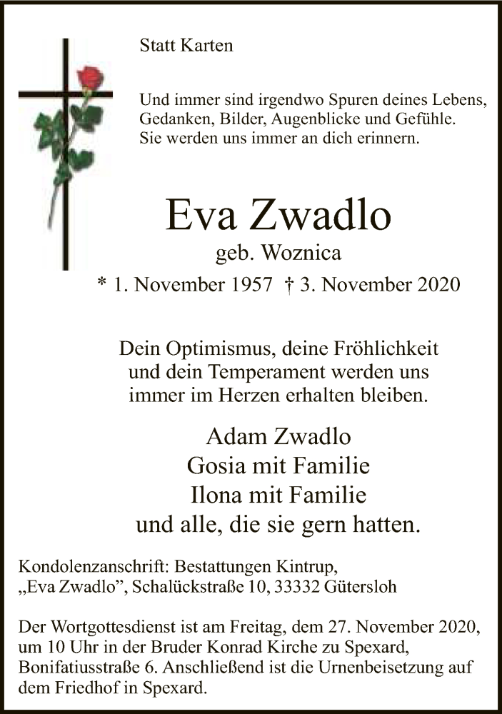  Traueranzeige für Eva Zwadlo vom 21.11.2020 aus Neue Westfälische