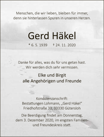 Traueranzeige von Gerd Häkel von Neue Westfälische