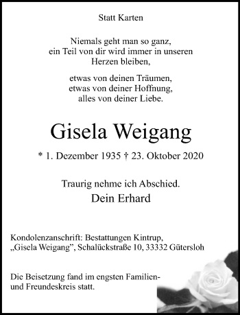 Traueranzeige von Gisela Weigang von Neue Westfälische