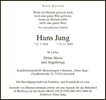Traueranzeige von Hans Jung von Neue Westfälische