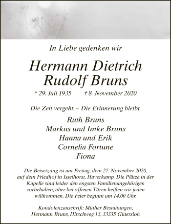 Traueranzeige von Hermann Dietrich Rudolf Bruns von Neue Westfälische