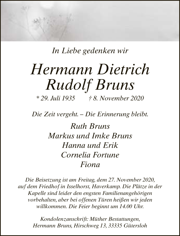  Traueranzeige für Hermann Dietrich Rudolf Bruns vom 14.11.2020 aus Neue Westfälische